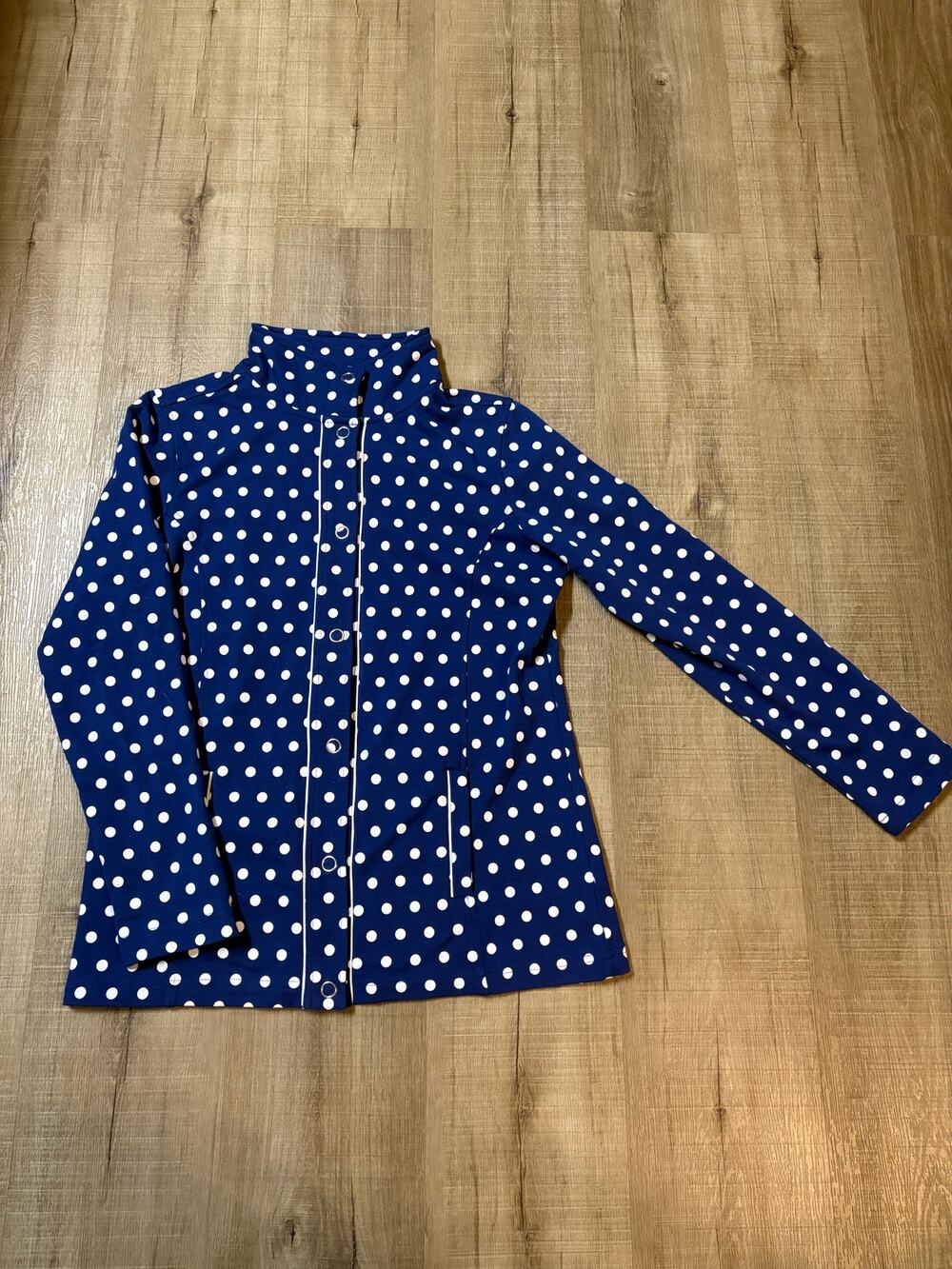 Quaker Factory Blue Polka Dot Jacket Womens XS Spring Cottage Fairy Grandma Y2K
